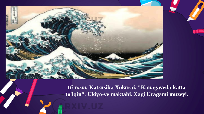 16- rasm . Katsusika Xokusai . &#34; Kanagaveda katta to &#39; lqin &#34;. Ukiyo-ye maktabi. Xagi Uragami muzeyi. 