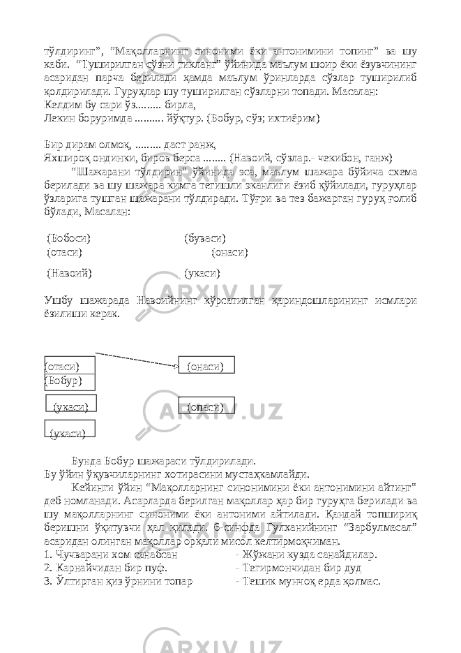 тўлдиринг”, “Мақолларнинг синоними ёки антонимини топинг” ва шу каби. “Туширилган сўзни тикланг” ўйинида маълум шоир ёки ёзувчининг асаридан парча берилади ҳамда маълум ўринларда сўзлар туширилиб қолдирилади. Гуруҳлар шу туширилган сўзларни топади. Масалан: Келдим бу сари ўз......... бирла, Лекин боруримда .......... йўқтур. (Бобур, сўз; ихтиёрим) Бир дирам олмоқ, ......... даст ранж, Яхшироқ ондинки, биров берса ........ (Навоий, сўзлар.- чекибон, ганж) “Шажарани тўлдирин” ўйинида эса, маълум шажара бўйича схема берилади ва шу шажара кимга тегишли эканлиги ёзиб қўйилади, гуруҳлар ўзларига тушган шажарани тўлдиради. Тўғри ва тез бажарган гуруҳ ғолиб бўлади, Масалан: (Бобоси) (буваси) (отаси) (онаси) (Навоий) (укаси) Ушбу шажарада Навоийнинг кўрсатилган қариндошларининг исмлари ёзилиши керак. (отаси) (онаси) (Бобур) (укаси) (опаси) (укаси) Бунда Бобур шажараси тўлдирилади. Бу ўйин ўқувчиларнинг хотирасини мустаҳкамлайди. Кейинги ўйин “Мақолларнинг синонимини ёки антонимини айтинг” деб номланади. Асарларда берилган мақоллар ҳар бир гуруҳга берилади ва шу мақолларнинг синоними ёки антоними айтилади. Қандай топшириқ беришни ўқитувчи ҳал қилади. 6-синфда Гулханийнинг “Зарбулмасал” асаридан олинган мақоллар орқали мисол келтирмоқчиман. 1. Чучварани хом санабсан - Жўжани кузда санайдилар. 2. Карнайчидан бир пуф. - Тегирмончидан бир дуд 3. Ўлтирган қиз ўрнини топар - Тешик мунчоқ ерда қолмас. 