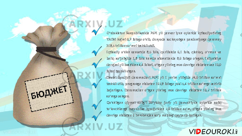 O’zbekiston Respublikasida 2021-yil yanvar-iyun oylarida iqtisodiyotining YAIM hajmi 6,2 foizga oʻsib, dunyoda kechayotgan pandemiyaga qaramay 318,5 trillion soʻmni tashkil etdi. Iqtisodiy oʻsish sanoatda 8,5 foiz, qurilishda 0,1 foiz, qishloq, oʻrmon va baliq xoʻjaligida 1,8 foiz hamda xizmatlarda 8,0 foizga oʻsgan. Inflyatsiya darajasi yil boshidan 4,4 foizni, oʻtgan yilning mos davriga nisbatan esa 10,9 foizni tashkil etgan. Davlat byudjeti daromadlari 2021-yil 1-yarim yilligida 74,9 trillion soʻmni tashkil etib, prognozga nisbatan 107,8 foizga yoki 5,4 trillion soʻmga oshirib bajarilgan. Daromadlar oʻtgan yilning mos davriga nisbatan 16,7 trillion soʻmga oshgan. Qoʻshilgan qiymat soligʻi boʻyicha joriy yil yanvar-iyun oylarida soliq toʻlovchilarga respublika byudjetidan 7,6 trillion soʻm, oʻtgan yilning mos davriga nisbatan 6 barobardan koʻp mablagʻ qaytarib berilgan. 