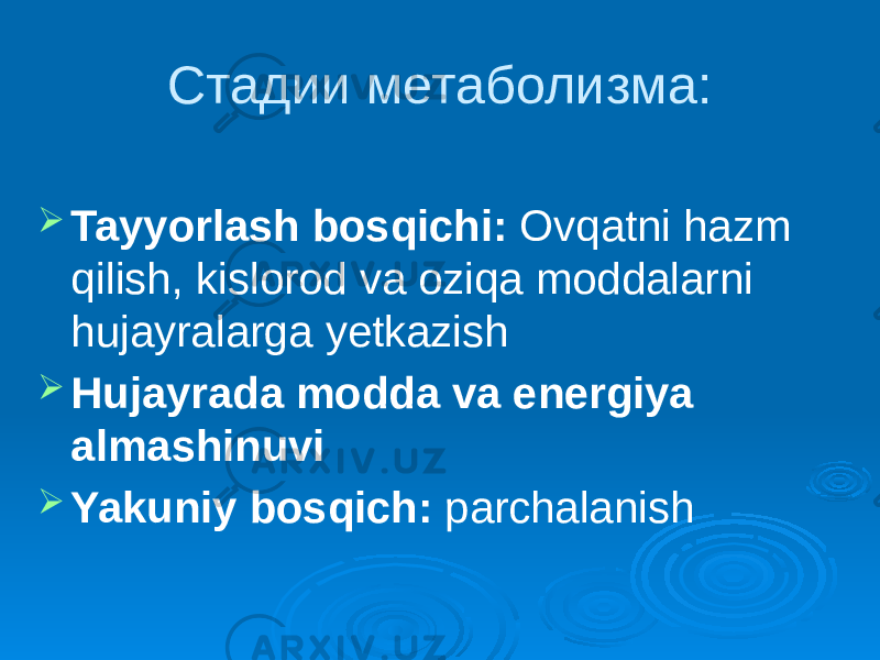 Стадии метаболизма:  Tayyorlash bosqichi: Ovqatni hazm qilish, kislorod va oziqa moddalarni hujayralarga yetkazish  Hujayrada modda va energiya almashinuvi  Yakuniy bosqich: parchalanish 