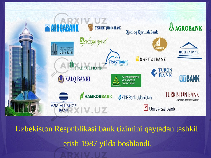Uzbekiston Respublikasi bank tizimini qaytadan tashkil etish 1987 yilda boshlandi. 