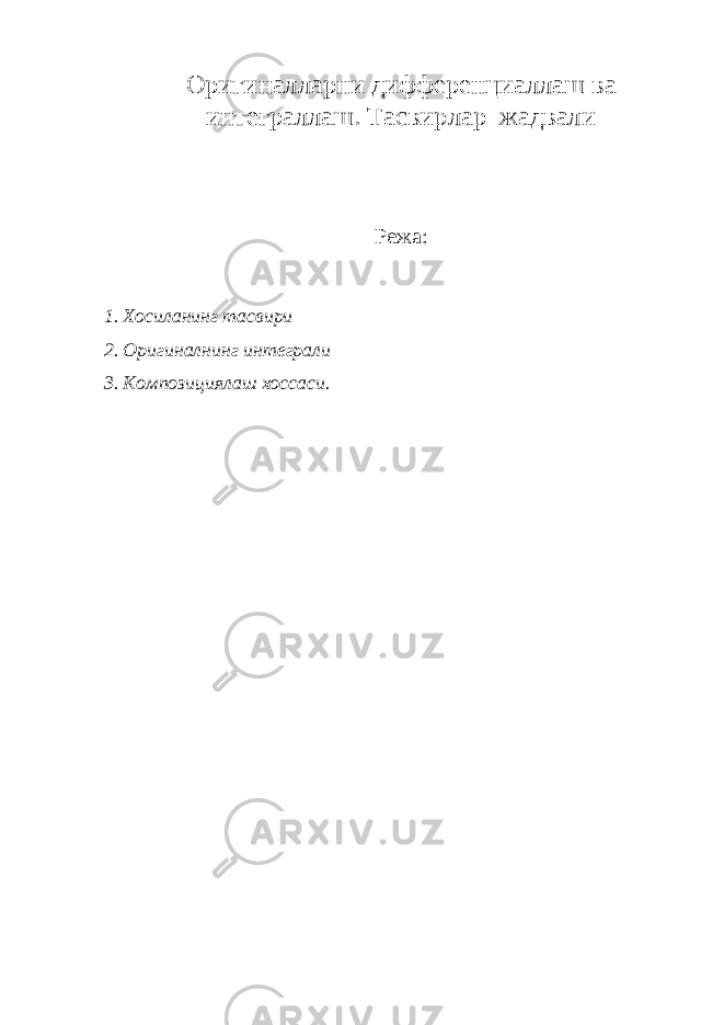 Оригиналларни дифференциаллаш ва интеграллаш. Тасвирлар жадвали Режа: 1. Хосиланинг тасвири 2. O ригиналнинг интеграли 3. K омпозициялаш хоссаси. 