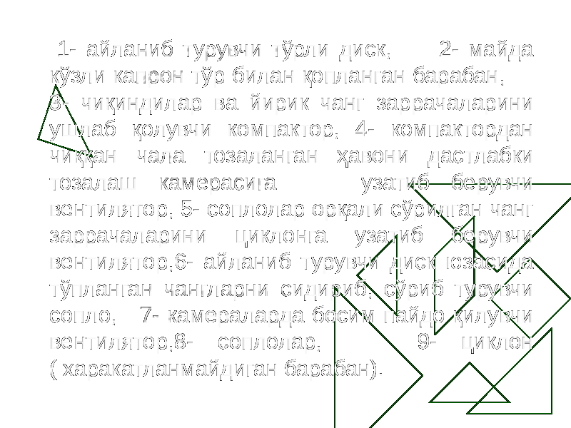  1- айланиб турувчи тўрли диск, 2- майда кўзли капрон тўр билан қопланган барабан, 3- чиқиндилар ва йирик чанг заррачаларини ушлаб қолувчи компактор, 4- компактордан чиққан чала тозаланган ҳавони дастлабки тозалаш камерасига узатиб берувчи вентилятор, 5- соплолар орқали сўрилган чанг заррачаларини циклонга узатиб берувчи вентилятор,6- айланиб турувчи диск юзасида тўпланган чангларни сидириб, сўриб турувчи сопло, 7- камераларда босим пайдо қилувчи вентилятор,8- соплолар, 9- циклон ( харакатланмайдиган барабан). 