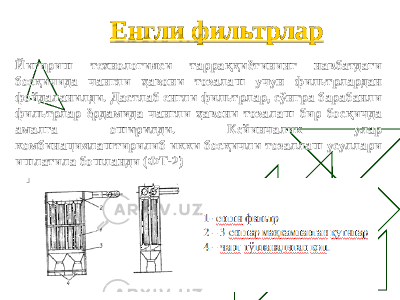  Енгли фильтрлар Йигириш технологияси тарраққиётининг навбатдаги босқичида чангли ҳавони тозалаш учун фильтрлардан фойдаланилди. Дастлаб енгли фильтрлар, сўнгра барабанли фильтрлар ёрдамида чангли ҳавони тозалаш бир босқичда амалга оширилди. Кейинчaлик улар комбинациялаштирилиб икки босқичли тозаллаш усуллари ишлатила бошланди (ФТ-2) 