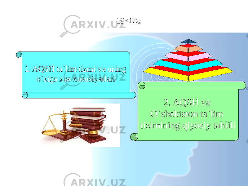 1. AQSH ta`lim tizmi va uning o`ziga xos xususiyatlari 2. AQSH va O`zbekiston ta`lim tizimining qiyosiy tahliliREJA:010203 130A0E 180203 19 08 