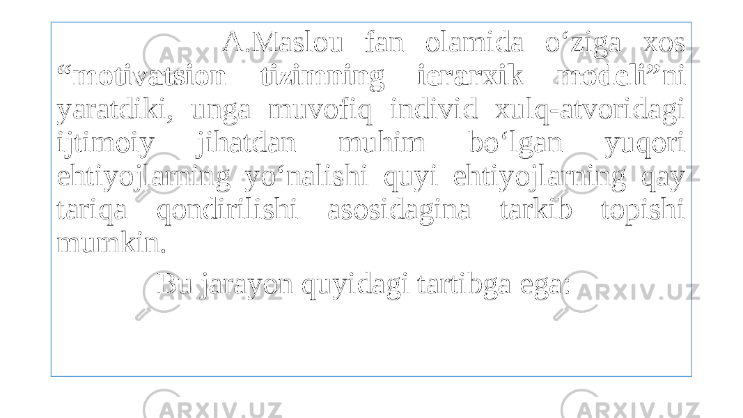  A.Maslou fan olamida o‘ziga xos “motivatsion tizimning ierarxik modeli” ni yaratdiki, unga muvofiq individ xulq-atvoridagi ijtimoiy jihatdan muhim bo‘lgan yuqori ehtiyojlarning yo‘nalishi quyi ehtiyojlarning qay tariqa qondirilishi asosidagina tarkib topishi mumkin. Bu jarayon quyidagi tartibga ega: 