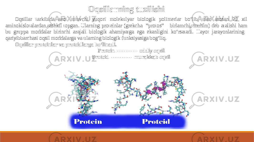 Oqsillar tarkibida azot tutuvchi yuqori molekulyar biologik polimerlar bo‘lib, ular asosan 20 xil aminokislotalardan tashkil topgan. Ularning proteinlar (grekcha “protos” – birlamchi, muhim) deb atalishi ham bu gruppa moddalar birinchi arajali biologik ahamiyatga ega ekanligini ko‘rsatadi. Hayot jarayonlarining qariyibbarchasi oqsil moddalarga va ularning biologik funksiyasiga bog‘liq. Oqsillar proteinlar va proteidlarga bo‘linadi. Protein ------------ oddiy oqsil Proteid ------------ murakkab oqsilOqsillarning tuzilishi 