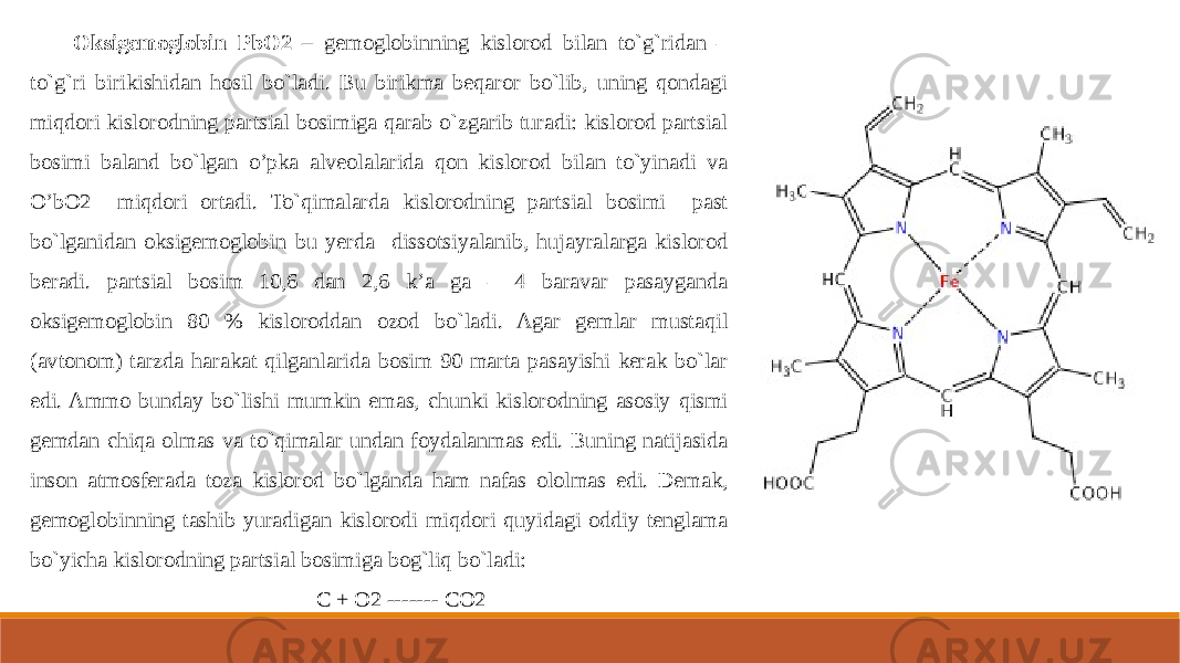 Oksigemoglobin PbO2 – gemoglobinning kislorod bilan to`g`ridan – to`g`ri birikishidan hosil bo`ladi. Bu birikma beqaror bo`lib, uning qondagi miqdori kislorodning partsial bosimiga qarab o`zgarib turadi: kislorod partsial bosimi baland bo`lgan o’pka alveolalarida qon kislorod bilan to`yinadi va O’bO2 miqdori ortadi. To`qimalarda kislorodning partsial bosimi past bo`lganidan oksigemoglobin bu yerda dissotsiyalanib, hujayralarga kislorod beradi. partsial bosim 10,6 dan 2,6 k’a ga – 4 baravar pasayganda oksigemoglobin 80 % kisloroddan ozod bo`ladi. Agar gemlar mustaqil (avtonom) tarzda harakat qilganlarida bosim 90 marta pasayishi kerak bo`lar edi. Ammo bunday bo`lishi mumkin emas, chunki kislorodning asosiy qismi gemdan chiqa olmas va to`qimalar undan foydalanmas edi. Buning natijasida inson atmosferada toza kislorod bo`lganda ham nafas ololmas edi. Demak, gemoglobinning tashib yuradigan kislorodi miqdori quyidagi oddiy tenglama bo`yicha kislorodning partsial bosimiga bog`liq bo`ladi: C + O2 ------- CO2 