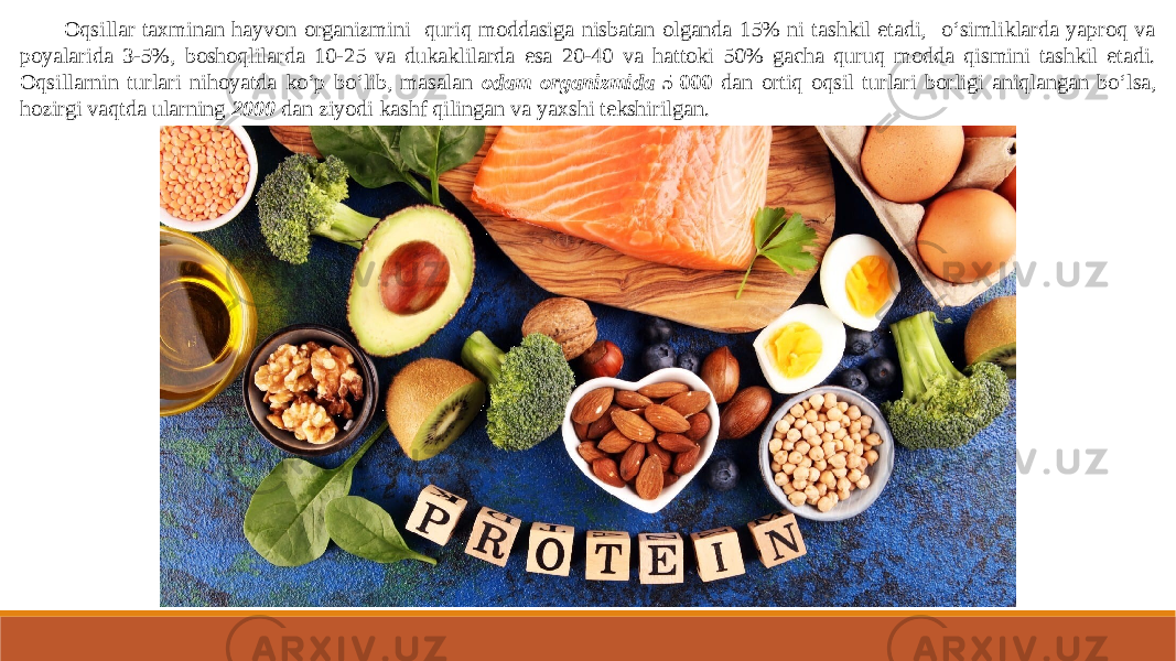 Oqsillar taxminan hayvon organizmini quriq moddasiga nisbatan olganda 15% ni tashkil etadi, o‘simliklarda yaproq va poyalarida 3-5%, boshoqlilarda 10-25 va dukaklilarda esa 20-40 va hattoki 50% gacha quruq modda qismini tashkil etadi. Oqsillarnin turlari nihoyatda ko‘p bo‘lib, masalan odam organizmida 5 000 dan ortiq oqsil turlari borligi aniqlangan bo‘lsa, hozirgi vaqtda ularning 2000 dan ziyodi kashf qilingan va yaxshi tekshirilgan. 