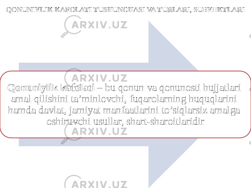 QONUNIYLIK KAFOLATI TUSHUNCHASI VA TURLARI, SUBYEKTLARI Qonuniylik kafolati – bu qonun va qonunosti hujjatlari amal qilishini ta’minlovchi, fuqarolarning huquqlarini hamda davlat, jamiyat manfaatlarini to’siqlarsiz amalga oshiruvchi usullar, shart-sharoitlaridir 