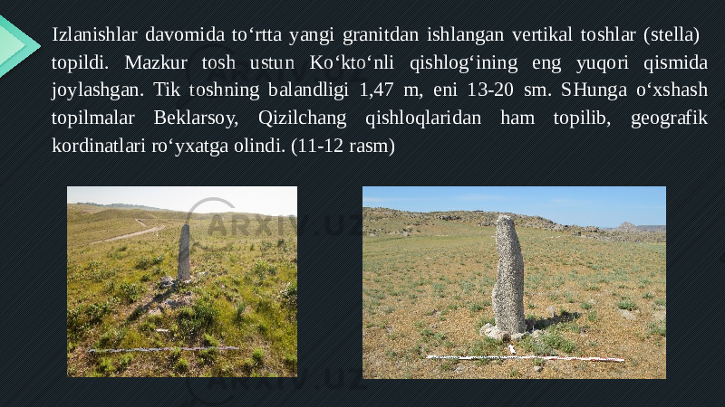 Izlanishlar davomida to‘rtta yangi granitdan ishlangan vertikal toshlar (stella) topildi. Mazkur tosh ustun Ko‘kto‘nli qishlog‘ining eng yuqori qismida joylashgan. Tik toshning balandligi 1,47 m, eni 13-20 sm. SHunga o‘xshash topilmalar Beklarsoy, Qizilchang qishloqlaridan ham topilib, geografik kordinatlari ro‘yxatga olindi. (11-12 rasm) 