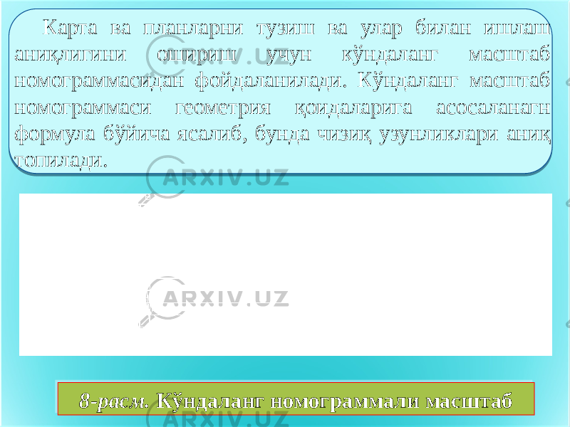 Карта ва планларни тузиш ва улар билан ишлаш аниқлигини ошириш учун кўндаланг масштаб номограммасидан фойдаланилади. Кўндаланг масштаб номограммаси геометрия қоидаларига асосаланагн формула бўйича ясалиб, бунда чизиқ узунликлари аниқ топилади. 8-расм. Кўндаланг номограммали масштаб 2627 30200F 