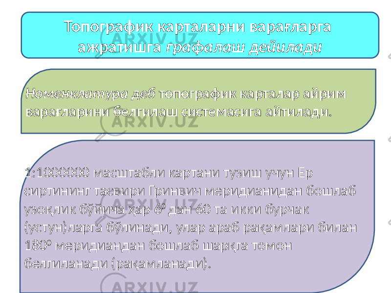 Топографик карталарни варағларга ажратишга графалаш дейилади Номенклатура деб топографик карталар айрим варағларини белгилаш системасига айтилади . 1:1000000 масштабли картани тузиш учун Ер сиртининг тасвири Гринвич меридианидан бошлаб узоқлик бўйича ҳар 6 0 дан 60 та икки бурчак (устун)ларга бўлинади, улар араб рақамлари билан 180 0 меридиандан бошлаб шарқга томон белгиланади (рақамланади). 