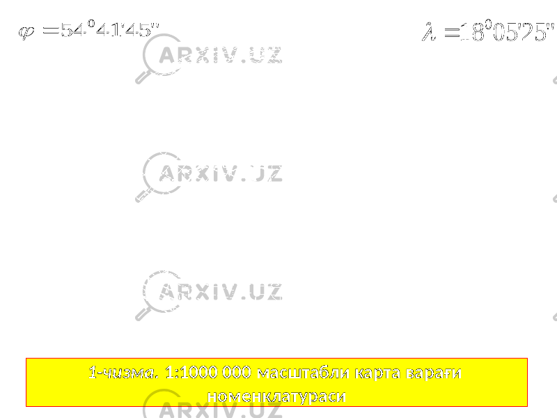 1-чизма. 1:1000 000 масштабли карта варағи номенклатураси&#34; 45&#39; 41 54 0   &#34; 25&#39; 05 18 0   