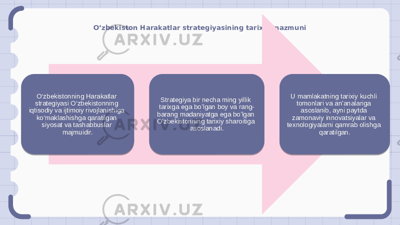 O‘zbekiston Harakatlar strategiyasining tarixiy mazmuni O‘zbekistonning Harakatlar strategiyasi O‘zbekistonning iqtisodiy va ijtimoiy rivojlanishiga ko‘maklashishga qaratilgan siyosat va tashabbuslar majmuidir. Strategiya bir necha ming yillik tarixga ega boʻlgan boy va rang- barang madaniyatga ega boʻlgan Oʻzbekistonning tarixiy sharoitiga asoslanadi. U mamlakatning tarixiy kuchli tomonlari va anʼanalariga asoslanib, ayni paytda zamonaviy innovatsiyalar va texnologiyalarni qamrab olishga qaratilgan. 