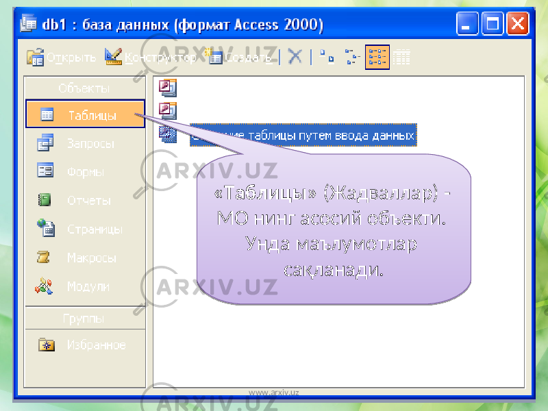 «Таблицы» (Жадваллар) - МО нинг асосий объекти. Унда маълумотлар сақланади. www.arxiv.uz0B 0A 02 2D 31 16 