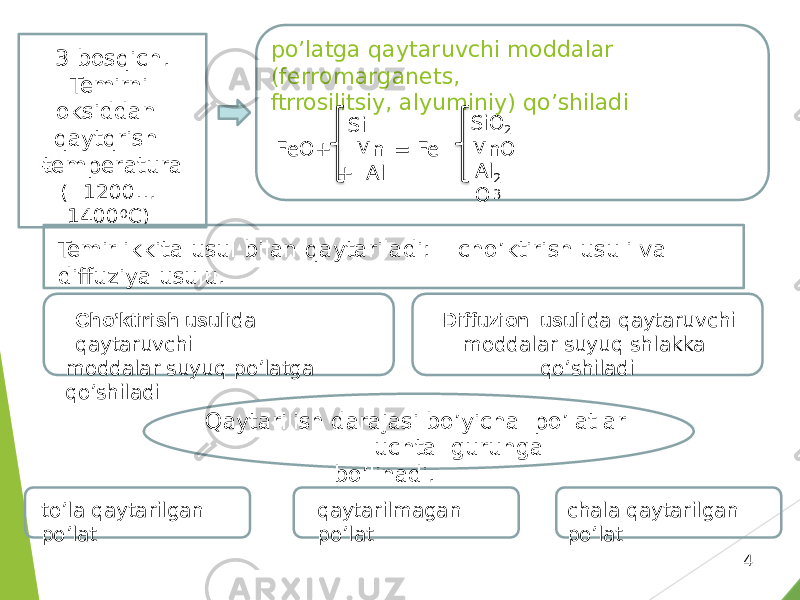 43 bosqich. Temirni oksiddan qaytqrish temperatura ( 1200… 1400 0 C) p o ’latg a q a y t a r uv c hi mo d d a lar (fer r om a r ganet s , ftrrosilitsiy, alyuminiy) qo’shiladi Si FeO+ Mn = Fe + Al SiO 2 MnO Al O 2 3 Temir ikkita usul bilan qaytariladi: cho’ktirish usuli va diffuziya usulu. Cho’ktirish usuli da qaytaruvchi moddalar suyuq po’latga qo’shiladi Diffuzion usuli da qaytaruvchi moddalar suyuq shlakka qo’shiladi Qay t a r ilish da r aja s i bo’yich a po’la t la r uchta guruhga bo’linadi. to’la qaytarilgan po’lat qaytarilmagan po’lat chala qaytarilgan po’lat 