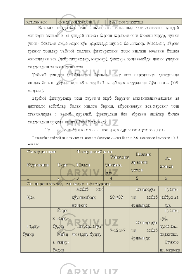 қопламаси синдирилган тош. қум, зич оҳактош Безакли пардозбоп тош ашёларини танлашда тоғ жинсини қандай жинсдан эканлиги ва қандай ишлов бериш кераклигини билиш зарур, чунки унинг безакли сифатлари кўп даражада шунга боғлиқдир. Масалан, айрим гранит тошлар табиий силлиқ фактурасини осон ишлаш мумкин бошқа жинсларни эса (лабродоритлар, мармар), фактура қилинмайди лекин уларни силлиқлаш ва жилолаш осон. Табиий тошдан тайёрланган буюмларнинг юза сиртларига фактурали ишлов бериш усулларига кўра зарбий ва абразив турларга бўлинади . (7.6- жадвал). Зарбий фактуралар тош сиртига зарб берувчи механизациялашган ва дастакли асбоблар билан ишлов бериш, аброзивлари эса-ҳарсанг тош станокларда : кесиб, арралаб, фрезерлаш ёки абразив ашёлар билан силлиқлаш орқали ишлов бериб олинади. Тош плита ва буюмларнинг юза қисмидаги фактура хиллари Пардозбоп табиий тош плиталар юзасига фактура ишлов бериш 7.6- жадвалда ёритилган. 7.6- жадвал Фактура номи Фактура табиати Юзани яратиш усули Тоғ жинси Кўриниши Тури Юзаси Ўйиқлик ўлчами, мм 1 2 3 4 5 6 Синдириш усулида олинадиган фактуралар Қоя Асбоб изи кўринмайди, нотекис 50-200 Синдирув чи асбоб ёрдамида Гранит габбро ва ҳ.к. Ғадир- будир Йири к ғадир- будир Майд а ғадир- будир Такрорланув чи ғадир-будир 7-15 3-7 Сингдирув чи асбоб ёрдамида Гранит, туф, кристалл оҳактош, Оҳакто ш, мармар 