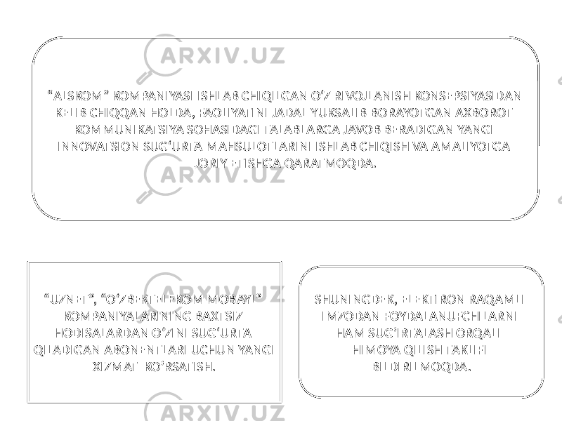 “ ALSKOM” KOMPANIYASI ISHLAB CHIQILGAN O‘Z RIVOJLANISH KONSEPSIYASIDAN KELIB CHIQQAN HOLDA, FAOLIYATINI JADAL YUKSALIB BORAYOTGAN AXBOROT- KOMMUNIKATSIYA SOHASIDAGI TALABLARGA JAVOB BERADIGAN YANGI INNOVATSION SUG‘URTA MAHSULOTLARINI ISHLAB CHIQISH VA AMALIYOTGA JORIY ETISHGA QARATMOQDA. “ UZNET”, “O‘ZBEKTELEKOM MOBAYL” KOMPANIYALARINING BAXTSIZ HODISALARDAN O‘ZINI SUG‘URTA QILADIGAN ABONENTLARI UCHUN YANGI XIZMAT KO’RSATISH. SHUNINGDEK, ELEKTIRON RAQAMLI IMZODAN FOYDALANUFCHILARNI HAM SUG’IRTALASH ORQALI HIMOYA QILISH TAKLIFI BILDIRILMOQDA. 