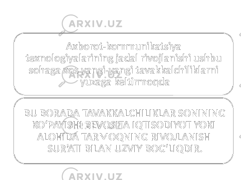 Axborot-kommunikatsiya texnologiyalarining jadal rivojlanishi ushbu sohaga xos yangi-yangi tavakkalchiliklarni yuzaga keltirmoqda BU BORADA TAVAKKALCHILIKLAR SONINING KO‘PAYISHI BEVOSITA IQTISODIYOT YOKI ALOHIDA TARMOQNING RIVOJLANISH SUR’ATI BILAN UZVIY BOG‘LIQDIR. 