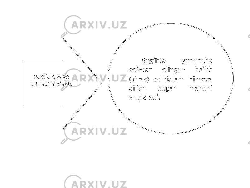 SUG`URTA VA UNING MA’NOSI Sug’irta yunoncha so’zdan olingan bo’lib (strax) qo’riqlash himoya qilish degan manoni anglatadi. 