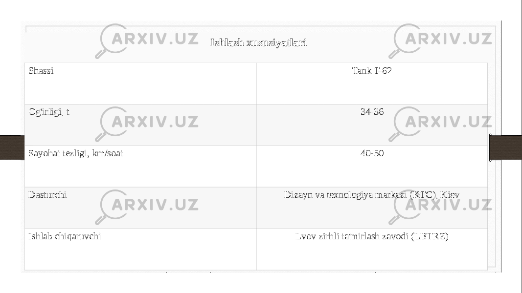 Shassi Tank T-62 Og&#39;irligi, t 34-36 Sayohat tezligi, km/soat 40-50 Dasturchi Dizayn va texnologiya markazi (KTC), Kiev Ishlab chiqaruvchi Lvov zirhli ta&#39;mirlash zavodi (LBTRZ)Ishlash xususiyatlari 