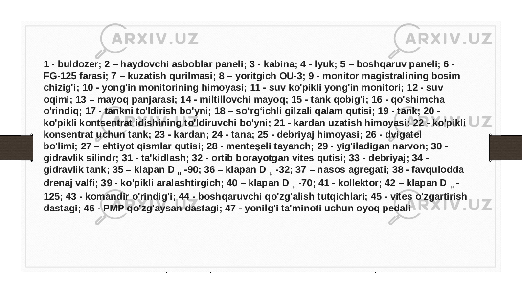 1 - buldozer; 2 – haydovchi asboblar paneli; 3 - kabina; 4 - lyuk; 5 – boshqaruv paneli; 6 - FG-125 farasi; 7 – kuzatish qurilmasi; 8 – yoritgich OU-3; 9 - monitor magistralining bosim chizig&#39;i; 10 - yong&#39;in monitorining himoyasi; 11 - suv ko&#39;pikli yong&#39;in monitori; 12 - suv oqimi; 13 – mayoq panjarasi; 14 - miltillovchi mayoq; 15 - tank qobig&#39;i; 16 - qo&#39;shimcha o&#39;rindiq; 17 - tankni to&#39;ldirish bo&#39;yni; 18 – so‘rg‘ichli gilzali qalam qutisi; 19 - tank; 20 - ko&#39;pikli kontsentrat idishining to&#39;ldiruvchi bo&#39;yni; 21 - kardan uzatish himoyasi; 22 - ko&#39;pikli konsentrat uchun tank; 23 - kardan; 24 - tana; 25 - debriyaj himoyasi; 26 - dvigatel bo&#39;limi; 27 – ehtiyot qismlar qutisi; 28 - menteşeli tayanch; 29 - yig&#39;iladigan narvon; 30 - gidravlik silindr; 31 - ta&#39;kidlash; 32 - ortib borayotgan vites qutisi; 33 - debriyaj; 34 - gidravlik tank; 35 – klapan D  u  -90; 36 – klapan D  u  -32; 37 – nasos agregati; 38 - favqulodda drenaj valfi; 39 - ko&#39;pikli aralashtirgich; 40 – klapan D  u  -70; 41 - kollektor; 42 – klapan D  u  - 125; 43 - komandir o&#39;rindig&#39;i; 44 - boshqaruvchi qo&#39;zg&#39;alish tutqichlari; 45 - vites o&#39;zgartirish dastagi; 46 - PMP qo&#39;zg&#39;aysan dastagi; 47 - yonilg&#39;i ta&#39;minoti uchun oyoq pedali 