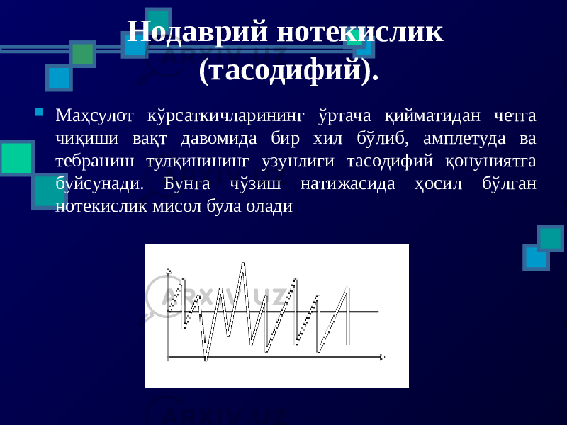 Нодаврий нотекислик (тасодифий).  Маҳсулот кўрсаткичларининг ўртача қийматидан четга чиқиши вақт давомида бир хил бўлиб, амплетуда ва тебраниш тулқинининг узунлиги тасодифий қонуниятга буйсунади. Бунга чўзиш натижасида ҳосил бўлган нотекислик мисол була олади 