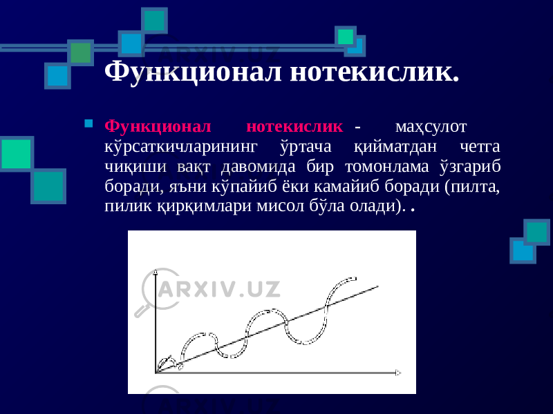 Функционал нотекислик.  Функционал нотекислик - маҳсулот кўрсаткичларининг ўртача қийматдан четга чиқиши вақт давомида бир томонлама ўзгариб боради, яъни кўпайиб ёки камайиб боради (пилта, пилик қирқимлари мисол бўла олади). . 