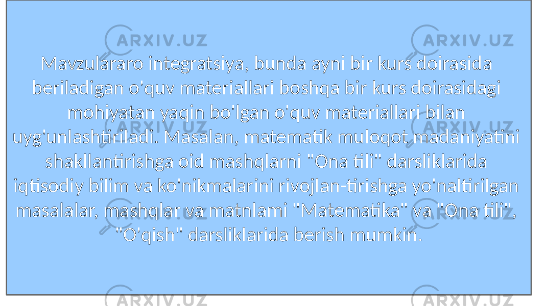 Add your title YOUR TITLE YOUR TITLE YOUR TITLE1 2 3 Add your words here,according to your need to draw the text box size. Add your words here,according to your need to draw the text box size. Add your words here,according to your need to draw the text box size.Mavzulararo integratsiya, bunda ayni bir kurs doirasida beriladigan o&#39;quv materiallari boshqa bir kurs doirasidagi mohiyatan yaqin bo&#39;lgan o&#39;quv materiallari bilan uyg&#39;unlashtiriladi. Masalan, matematik muloqot madaniyatini shakllantirishga oid mashqlarni &#34;Ona tili&#34; darsliklarida iqtisodiy bilim va ko&#39;nikmalarini rivojlan-tirishga yo&#39;naltirilgan masalalar, mashqlar va matnlami &#34;Matematika&#34; va &#34;Ona tili&#34;, &#34;O&#39;qish&#34; darsliklarida berish mumkin. 