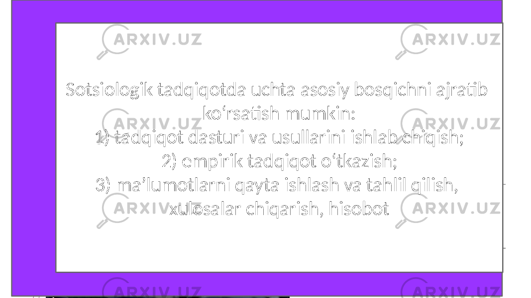 Add your words here,according to your need to draw the text box size.OrSotsiologik tadqiqotda uchta asosiy bosqichni ajratib koʻrsatish mumkin: 1) tadqiqot dasturi va usullarini ishlab chiqish; 2) empirik tadqiqot oʻtkazish; 3) ma’lumotlarni qayta ishlash va tahlil qilish, xulosalar chiqarish, hisobot 