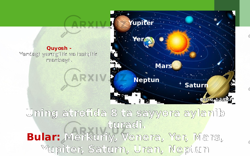 Quyosh - Yerdagi yorug‘lik va issiqlik manbayi. Uning atrofida 8 ta sayyora aylanib turadi. Bular: Merkuriy, Venera, Yer, Mars, Yupiter, Saturn, Uran, Neptun sayyoralaridir SaturnYer NeptunYupiter Mars 