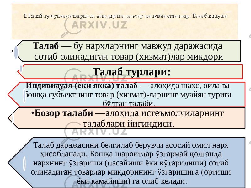 1. Талаб тушунчаси ва унинг миқдорига таъсир қилувчи омиллар. Талаб қонуни. Талаб — бу нархларнинг мавжуд даражасида сотиб олинадиган товар (хизмат)лар микдори Талаб турлари: Индивидуал (ёки якка) талаб — алоҳида шахc, оила ва бошқа субъектнинг товар (хизмат)-ларнинг муайян турига бўлган талаби. • Бозор талаби —алоҳида истеъмолчиларнинг талаблари йиғиндиси. Талаб даражасини белгилаб берувчи асосий омил нарх ҳисобланади. Бошқа шароитлар ўзгармай қолганда нархнинг ўзгариши (пасайиши ёки кўтарилиши) сотиб олинадиган товарлар микдорининг ўзгаришига (ортиши ёки камайиши) га олиб келади. 