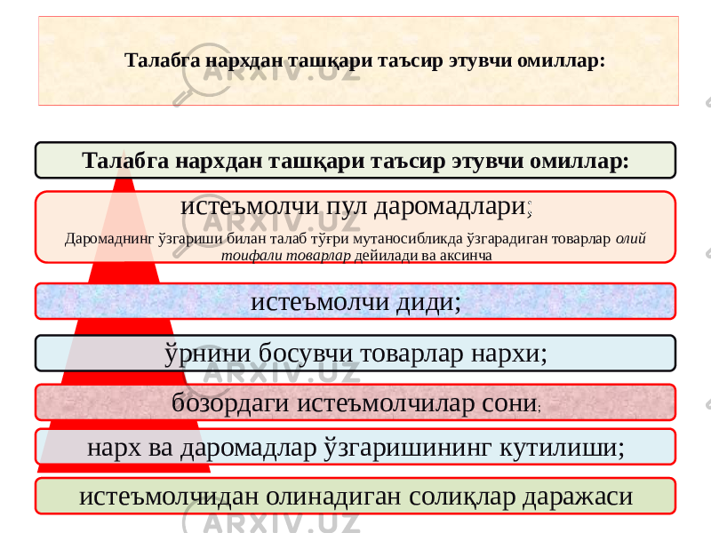 Талабга нархдан ташқари таъсир этувчи омиллар: Талабга нархдан ташқари таъсир этувчи омиллар: истеъмолчи пул даромадлари ; Даромаднинг ўзгариши билан талаб тўғри мутаносибликда ўзгарадиган товарлар олий тоифали товарлар дейилади ва аксинча истеъмолчи диди; ўрнини босувчи товарлар нархи; бозордаги истеъмолчилар сони ; нарх ва даромадлар ўзгаришининг кутилиши; истеъмолчидан олинадиган солиқлар даражаси 