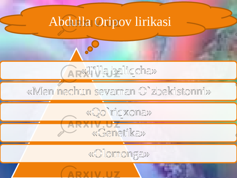 «Tilla baliqcha» «Men nechun sevaman O`zbekistonni» «Qo`riqxona» «Genetika» «Olomonga» Abdulla Oripov lirikasi www.arxiv.uz 