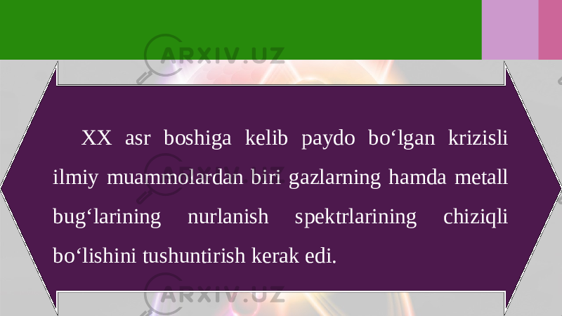 XX asr boshiga kelib paydo bo‘lgan krizisli ilmiy muammolardan biri gazlarning hamda metall bug‘larining nurlanish spektrlarining chiziqli bo‘lishini tushuntirish kerak edi. 