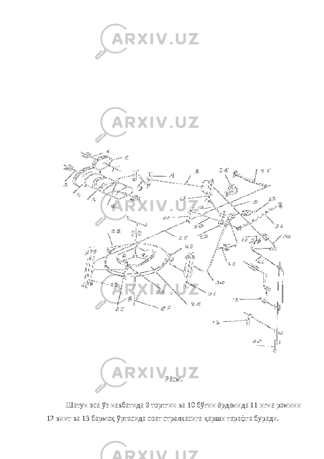 Расм. Шатун эса ўз навбатида 9 тортгич ва 10 бўғин ёрдамида 11 игна ромини 12 винт ва 13 бармоқ ўртасида соат стрелкасига қарши тарафга буради. 