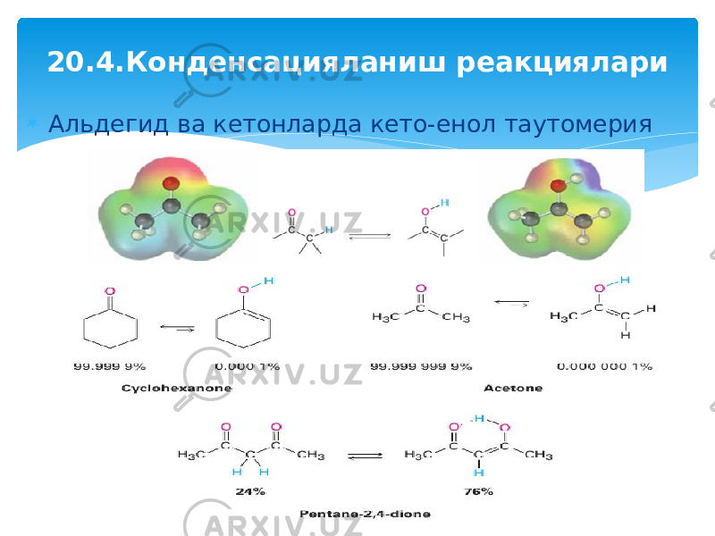  Альдегид ва кетонларда кето-енол таутомерия20.4.Конденсацияланиш реакциялари 