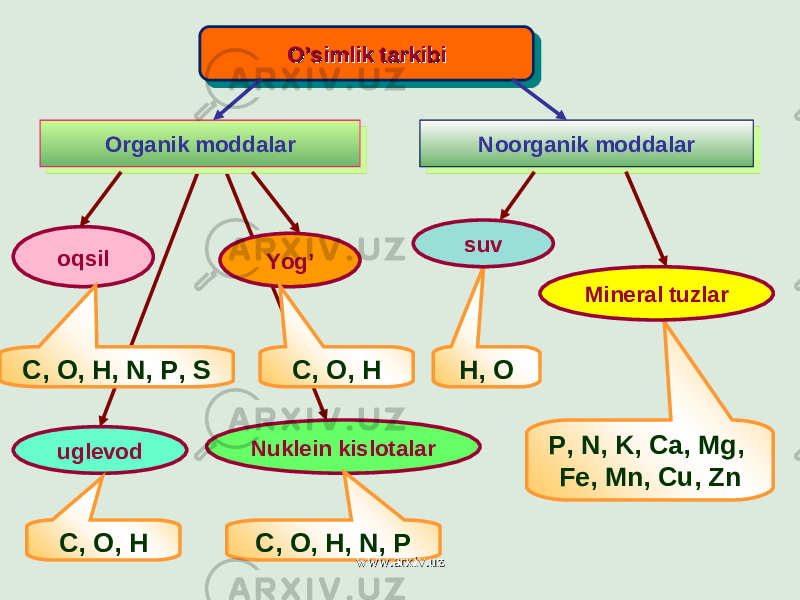 O’simlik tarkibiO’simlik tarkibiO’simlik tarkibiO’simlik tarkibi Organik moddalarOrganik moddalar Noorganik moddalarNoorganik moddalar oqsil Yog’ uglevod Nuklein kislotalar H, O P, N, K, Ca, Mg, Fe, Mn, Cu, ZnC, O, H, N, P, S C, O, H C, O, H C, O, H, N, P Mineral tuzlarsuv www.arxiv.uzwww.arxiv.uz 