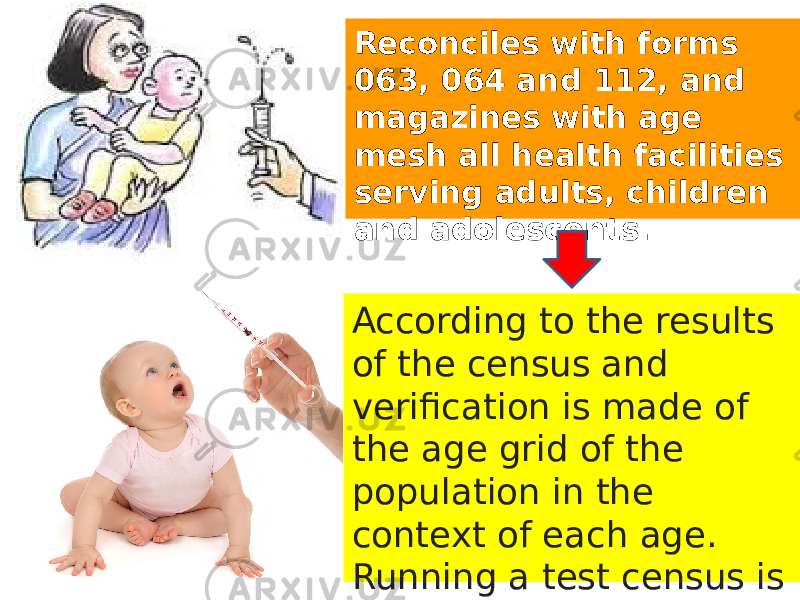 Reconciles with forms 063, 064 and 112, and magazines with age mesh all health facilities serving adults, children and adolescents. According to the results of the census and verification is made of the age grid of the population in the context of each age. Running a test census is documented with the approval of the chief physician of the clinic. 