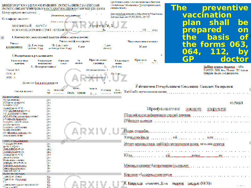 The preventive vaccination plan shall be prepared on the basis of the forms 063, 064, 112, by GP doctor (pediatrician) and nurse of health care facilities, physician and nurse of educational institutions. 