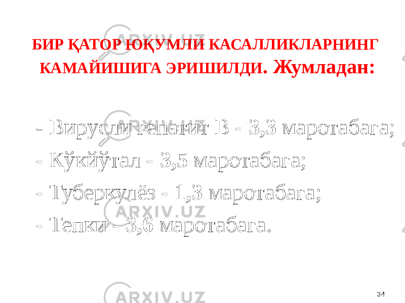 БИР ҚАТОР ЮҚУМЛИ КАСАЛЛИКЛАРНИНГ КАМАЙИШИГА ЭРИШИЛДИ . Жумладан: - Вирусли гепатит В - 3,3 маротабага; - Кўкйўтал - 3,5 маротабага; - Туберкулёз - 1,3 маротабага; - Тепки - 3,6 маротабага. 34 