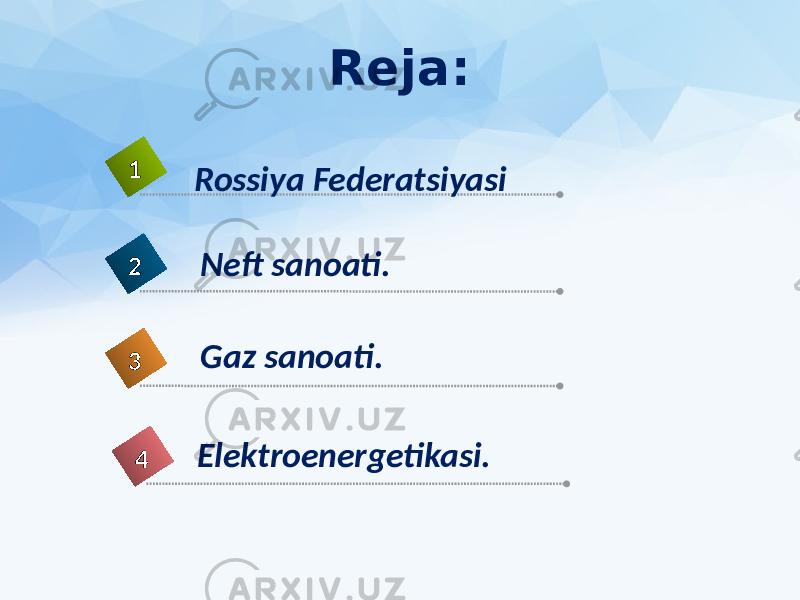 Reja: Elektroenergetikasi. 4 Rossiya Federatsiyasi1 Neft sanoati.2 Gaz sanoati. 3 