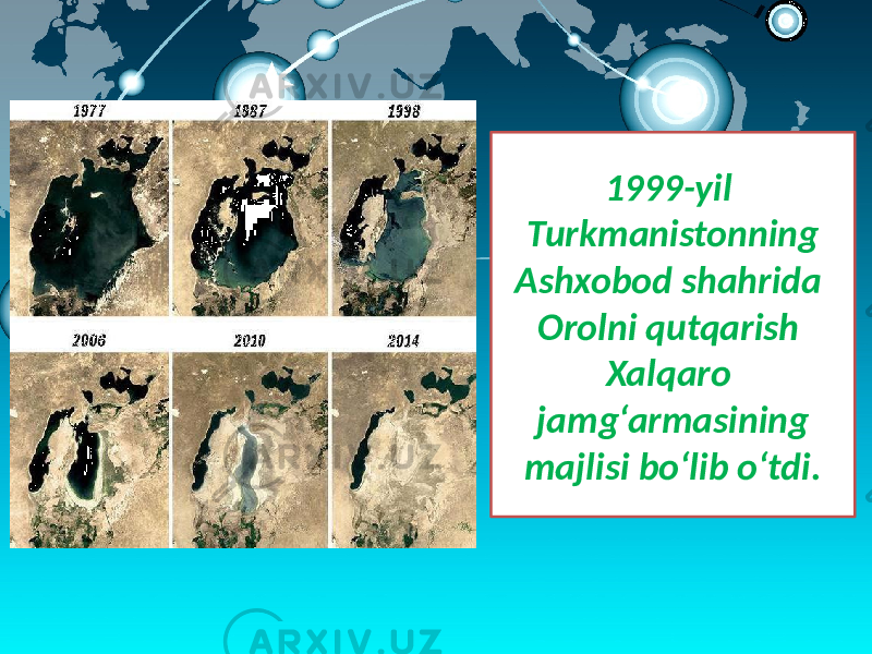 1999-yil Turkmanistonning Ashxobod shahrida Orolni qutqarish Xalqaro jamg‘armasining majlisi bo‘lib o‘tdi. 