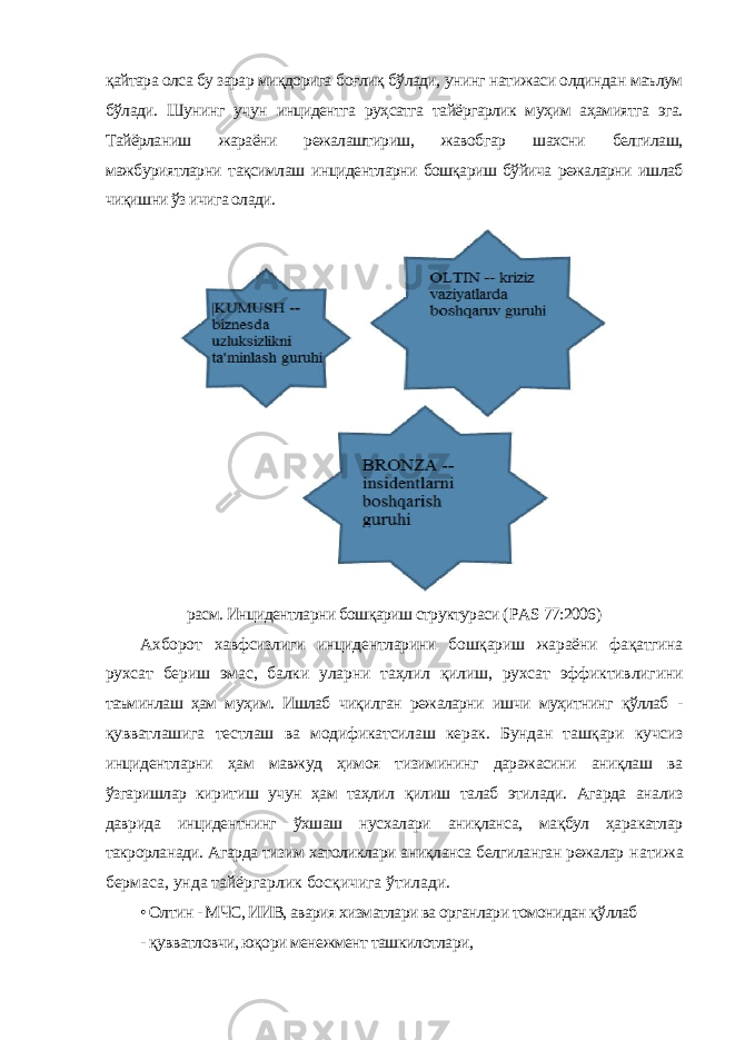 қайтара олса бу зарар миқдорига боғлиқ бўлади, унинг натижаси олдиндан маълум бўлади. Шунинг учун инцидентга руҳсатга тайёргарлик муҳим аҳамиятга эга. Тайёрланиш жараёни режалаштириш, жавобгар шахсни белгилаш, мажбуриятларни тақсимлаш инцидентларни бошқариш бўйича режаларни ишлаб чиқишни ўз ичига олади. расм. Инцидентларни бошқариш структураси ( PAS 77:2006) Ахборот хавфсизлиги инцидентларини бошқариш жараёни фақатгина рухсат бериш эмас, балки уларни таҳлил қилиш, рухсат эффиктивлигини таъминлаш ҳам муҳим. Ишлаб чиқилган режаларни ишчи муҳитнинг қўллаб - қувватлашига тестлаш ва модификатсилаш керак. Бундан ташқари кучсиз инцидентларни ҳам мавжуд ҳимоя тизимининг даражасини аниқлаш ва ўзгаришлар киритиш учун ҳам таҳлил қилиш талаб этилади. Агарда анализ даврида инцидентнинг ўхшаш нусхалари аниқланса, мақбул ҳаракатлар такрорланади. Агарда тизим хатоликлари аниқланса белгиланган режалар натижа бермаса, унда тайёргарлик босқичига ўтилади. • Олтин - МЧС, ИИВ, авария хизматлари ва органлари томонидан қўллаб - қувватловчи, юқори менежмент ташкилотлари, 