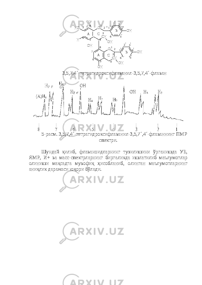 4A C B A C B O HC HO C HO O H O H O HO HH O H H O H1 12 23 3 45 56 67 78 8 1 &#39; 1 &#39;2 &#39; 2 &#39;3 &#39; 3 &#39; 4 &#39;4 &#39; 5 &#39;6 &#39; 6 &#39;5 &#39; 3,5,7,4  -тетрагидроксифлаванил-3,5,7,4  -флаван 5-расм. 3,5,7,4  -тетрагидроксифлаванил-3,5,7  ,4  -флаваннинг ПМР спектри. Шундай қилиб, флаваноидларнинг тузилишини ўрганишда УБ, ЯМР, И+ ва масс-спектрларнинг биргаликда ишлатилиб маълумотлар олиниши мақсадга мувофиқ ҳисобланиб, олинган маълумотларнинг аниқлик даражаси юқори бўлади. 