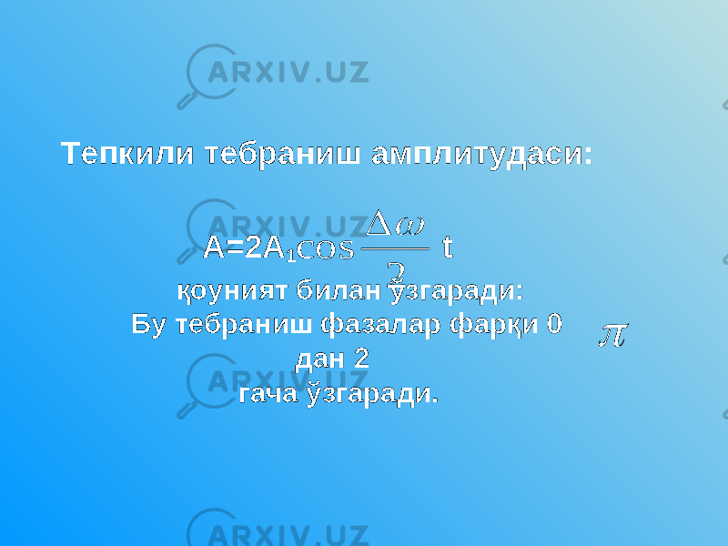 Тепкили тебраниш амплитудаси: А=2А 1 t қоуният билан ўзгаради: Бу тебраниш фазалар фарқи 0 дан 2 гача ўзгаради. 2 cos   