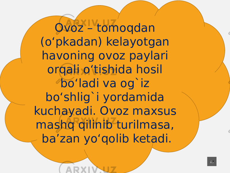 12Ovoz – tomoqdan (o‘pkadan) kelayotgan havoning ovoz paylari orqali o‘tishida hosil bo‘ladi va og`iz bo‘shlig`i yordamida kuchayadi. Ovoz maxsus mashq qilinib turilmasa, ba’zan yo‘qolib ketadi. 