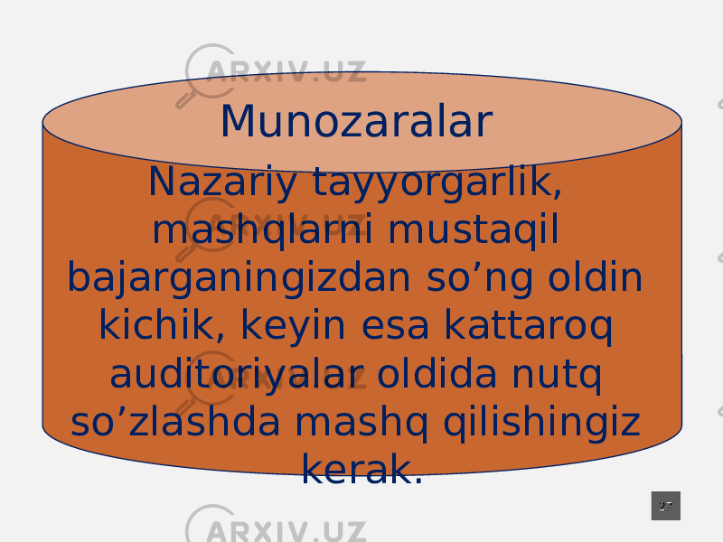 27Nаzаriy tаyyorgаrlik, mаshqlаrni mustаqil bаjаrgаningizdаn so’ng оldin kichik, kеyin esа kаttаrоq аuditоriyalаr оldidа nutq so’zlаshdа mаshq qilishingiz kеrаk. Munоzаrаlаr 