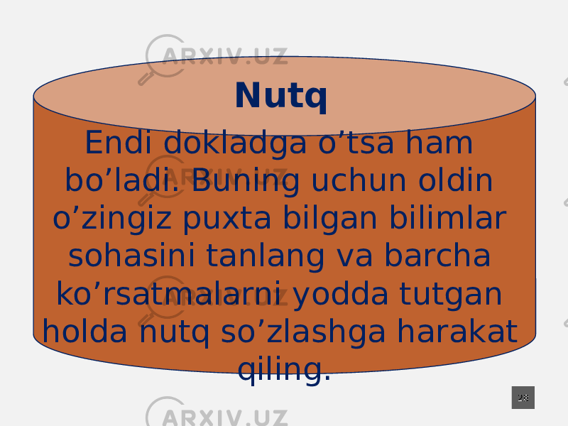 28Endi dоklаdgа o’tsа hаm bo’lаdi. Buning uchun оldin o’zingiz puхtа bilgаn bilimlаr sоhаsini tаnlаng vа bаrchа ko’rsаtmаlаrni yoddа tutgаn hоldа nutq so’zlаshgа hаrаkаt qiling. Nutq 